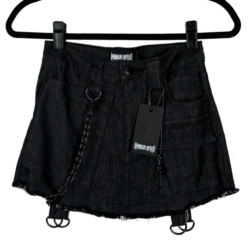DOLLS KILL DARKER WAVS BLACK WASHED CARGO MINI SKIRT CHAIN GARTER LEG WARMERS - Picture 9 of 12